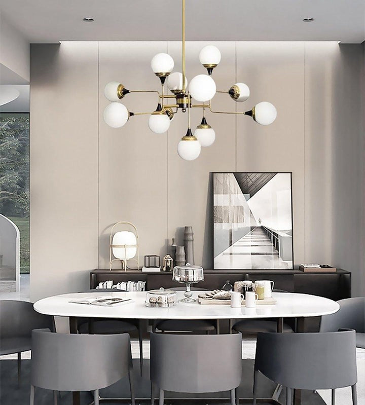 Mid-Century Asymmetrical Brass Chandelier with Glass Globes