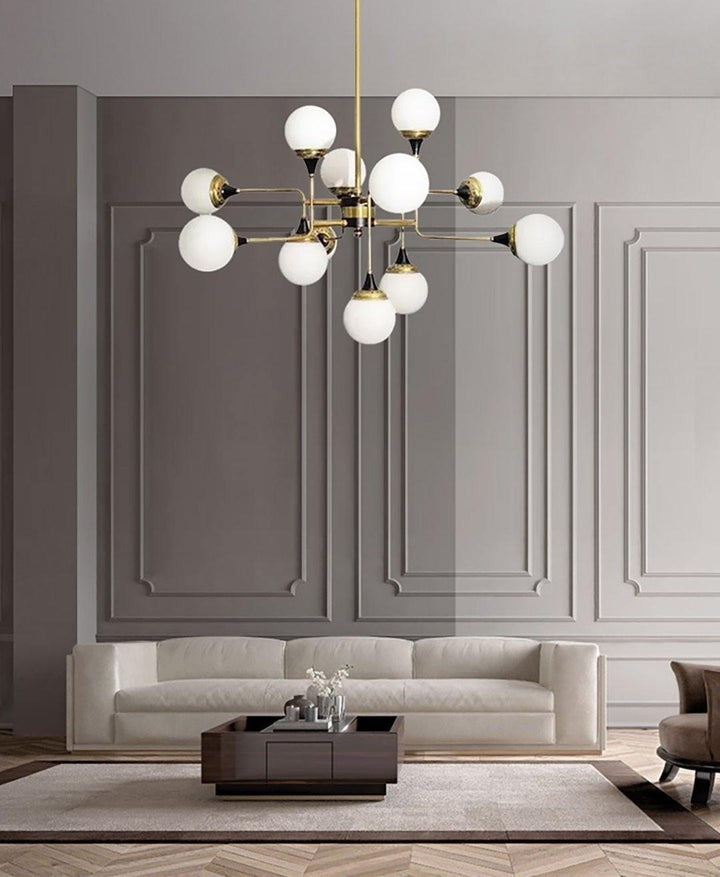 Mid-Century Asymmetrical Brass Chandelier with Glass Globes