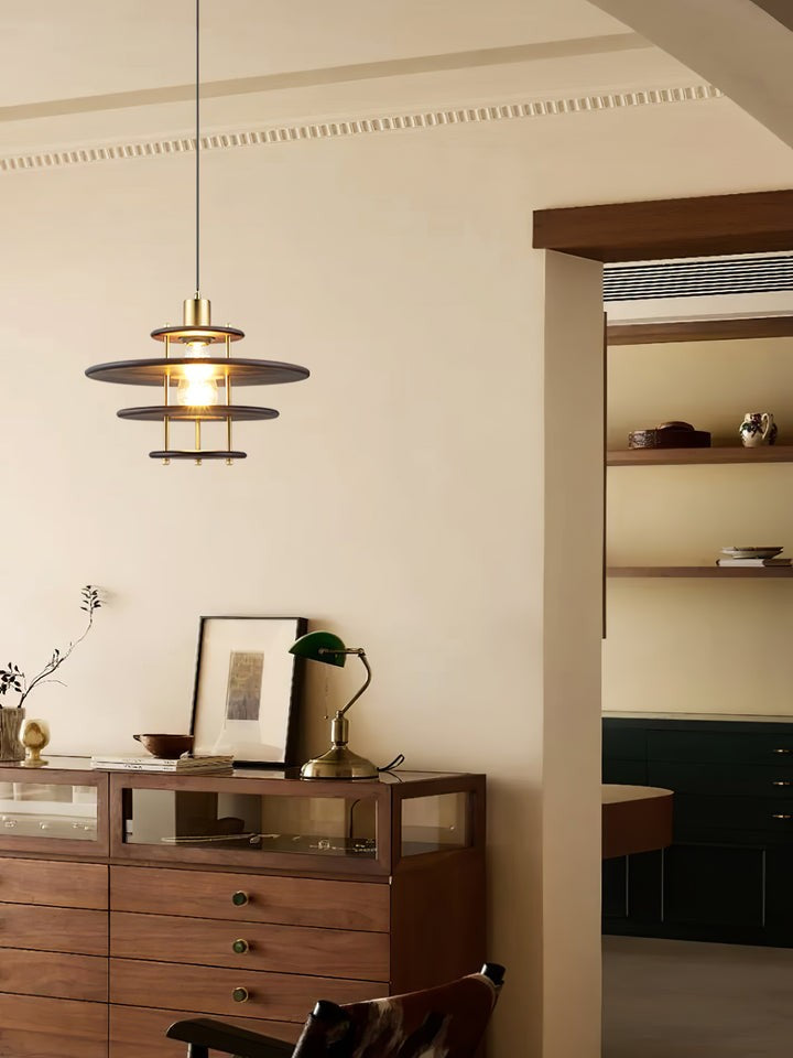Mid-Century Ring Pendant Light in Gold & Walnut