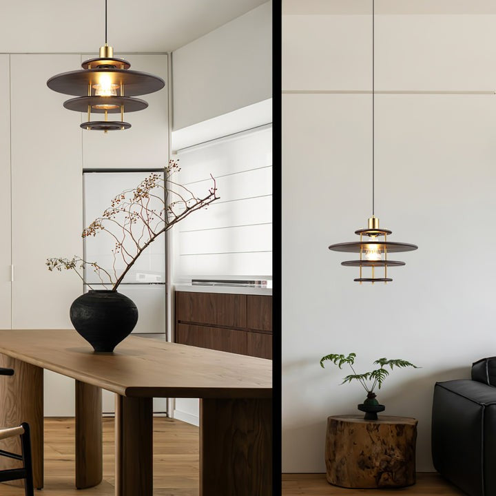 Mid-Century Ring Pendant Light in Gold & Walnut