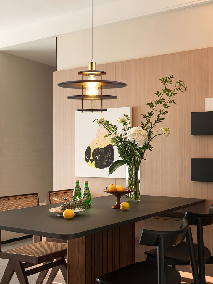 Mid-Century Ring Pendant Light in Gold & Walnut