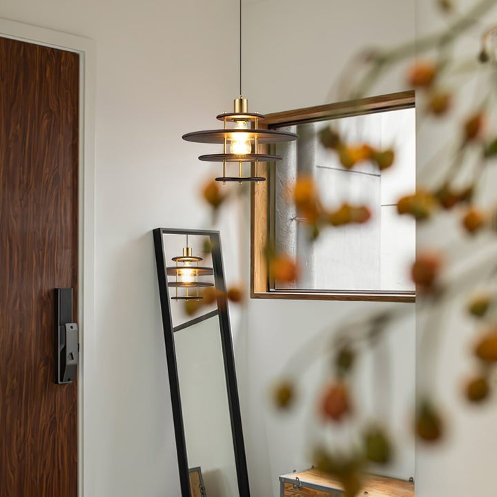 Mid-Century Ring Pendant Light in Gold & Walnut