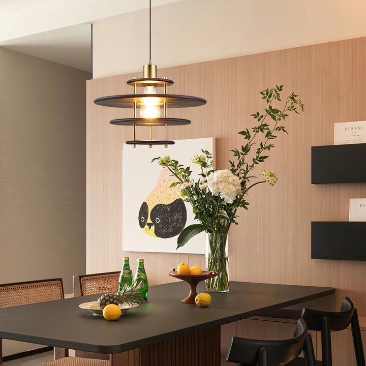 Mid-Century Ring Pendant Light in Gold & Walnut