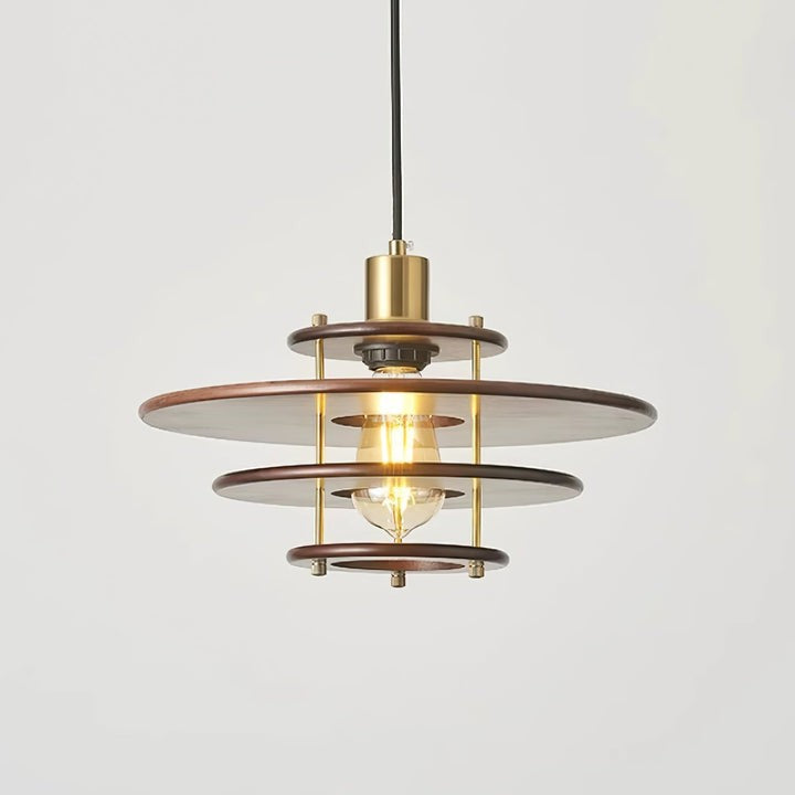 Mid-Century Ring Pendant Light in Gold & Walnut