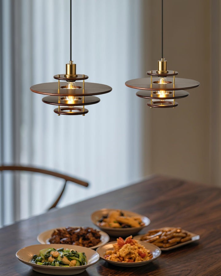 Mid-Century Ring Pendant Light in Gold & Walnut