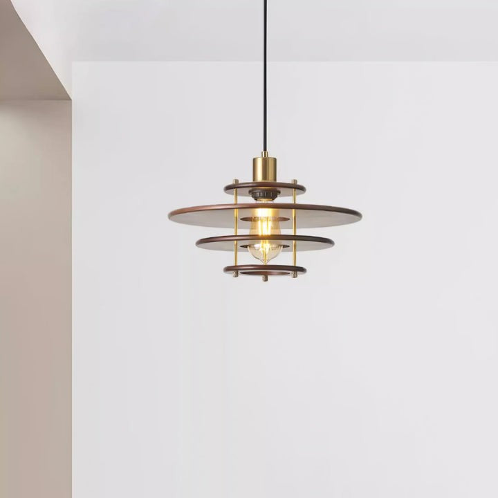 Mid-Century Ring Pendant Light in Gold & Walnut