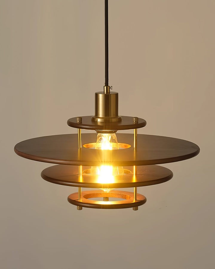 Mid-Century Ring Pendant Light in Gold & Walnut