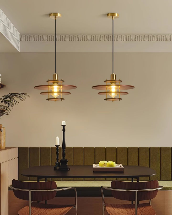 Mid-Century Ring Pendant Light in Gold & Walnut