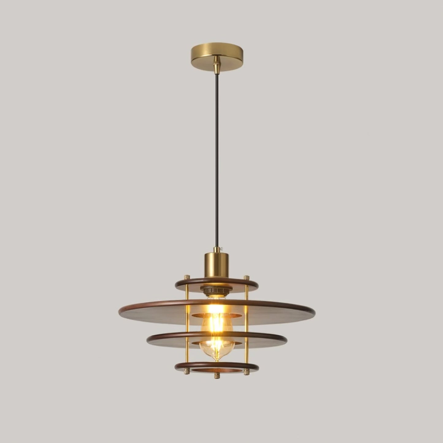 Mid-Century Ring Pendant Light in Gold & Walnut