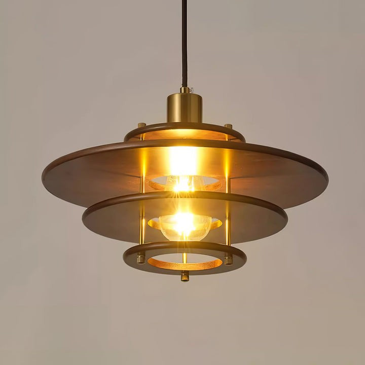 Mid-Century Ring Pendant Light in Gold & Walnut