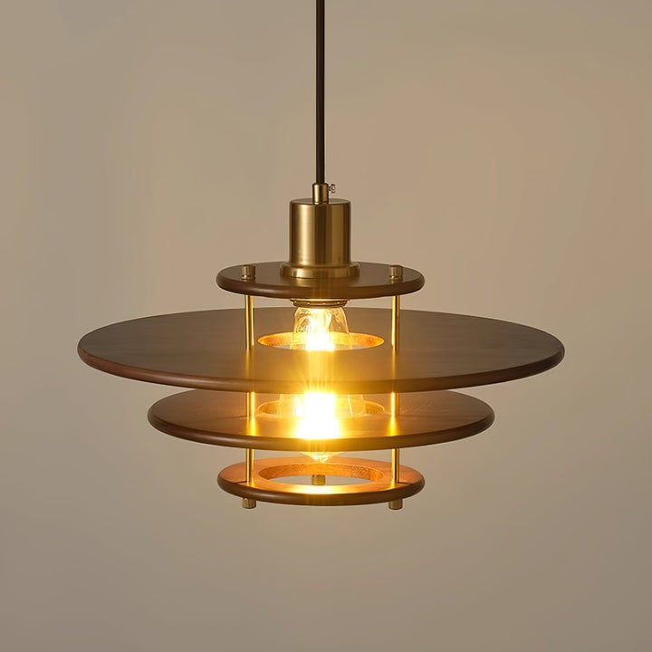 Mid-Century Ring Pendant Light in Gold & Walnut