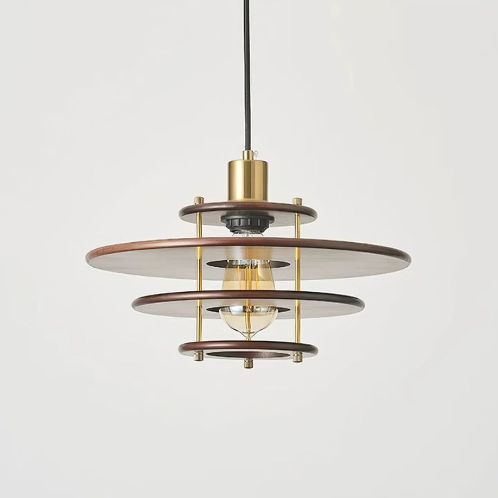 Mid-Century Ring Pendant Light in Gold & Walnut