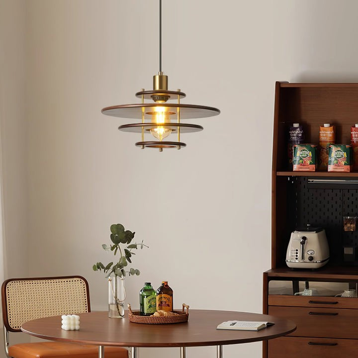 Mid-Century Ring Pendant Light in Gold & Walnut