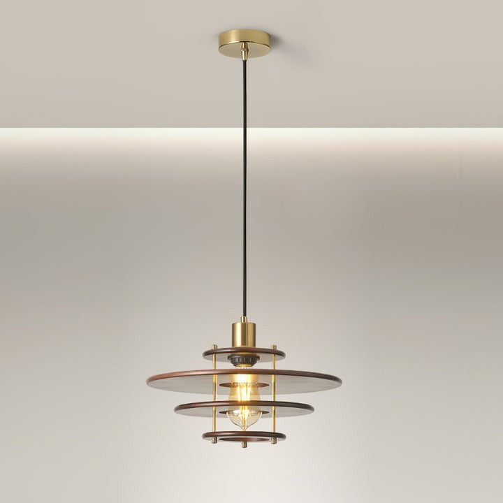 Mid-Century Ring Pendant Light in Gold & Walnut
