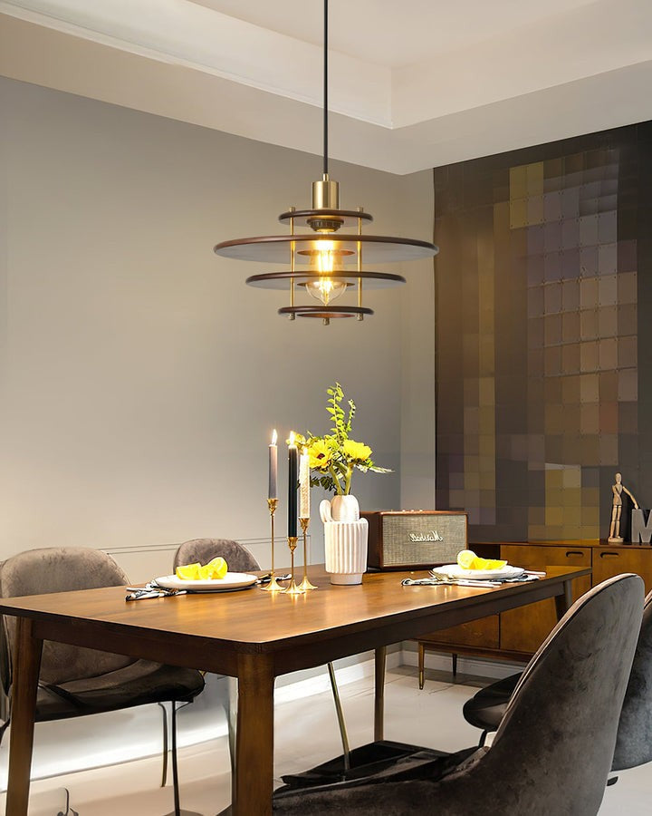 Mid-Century Ring Pendant Light in Gold & Walnut