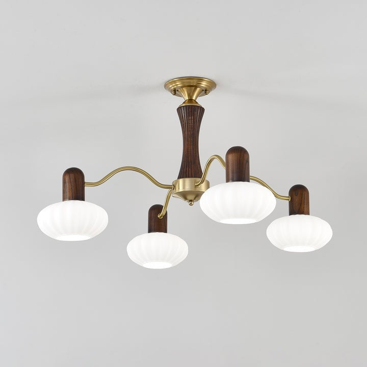 Mid-Century Walnut Wood & Metal Chandelier