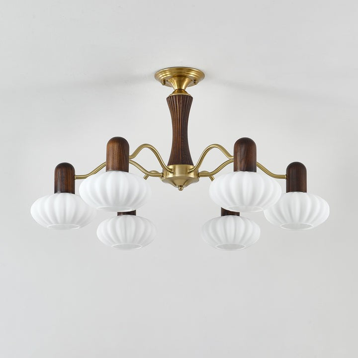 Mid-Century Walnut Wood & Metal Chandelier