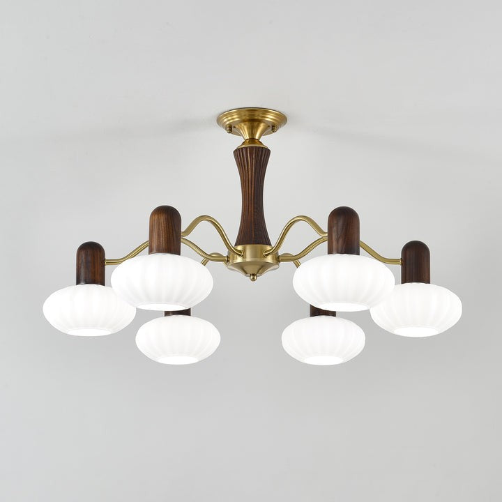Mid-Century Walnut Wood & Metal Chandelier