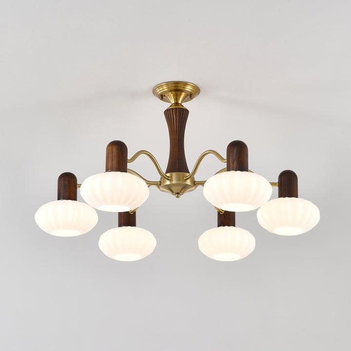 Mid-Century Walnut Wood & Metal Chandelier