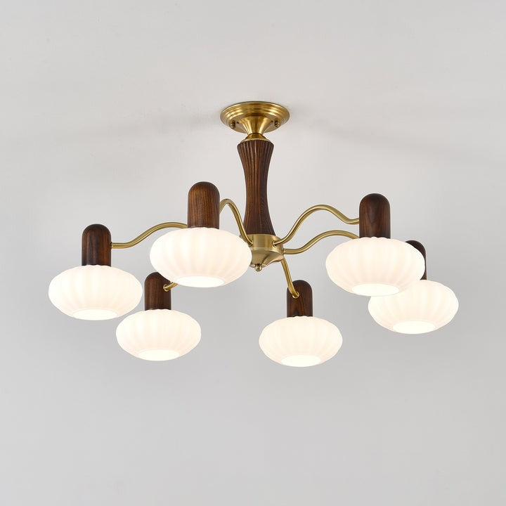 Mid-Century Walnut Wood & Metal Chandelier