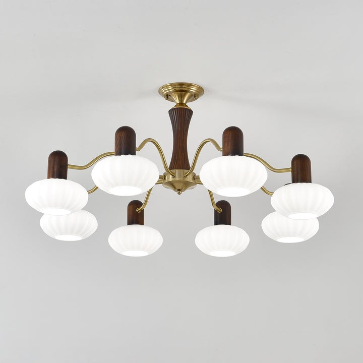 Mid-Century Walnut Wood & Metal Chandelier