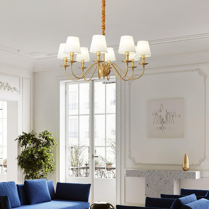 Modern Brass Chandelier with Tapered Fabric Shades