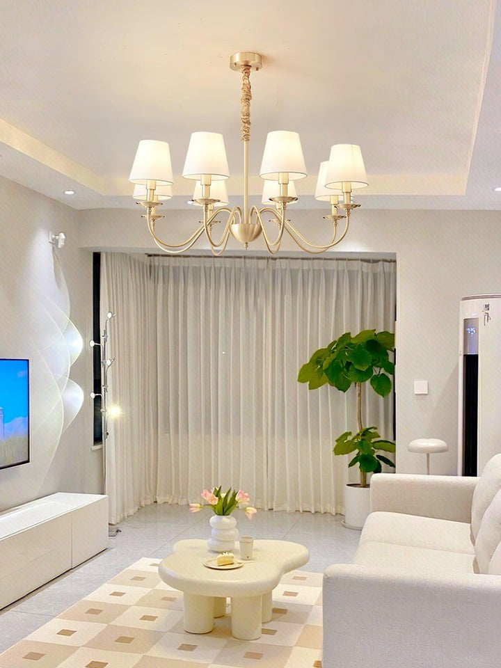 Modern Brass Chandelier with Tapered Fabric Shades