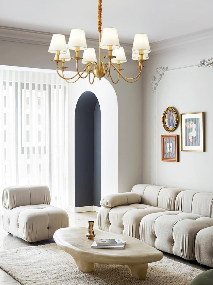 Modern Brass Chandelier with Tapered Fabric Shades