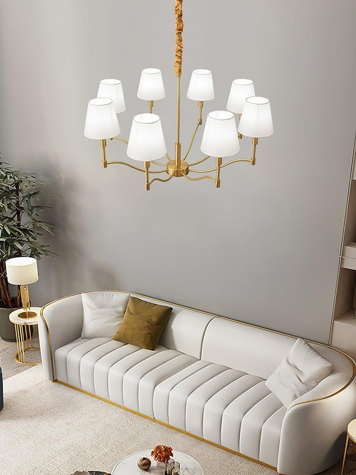 Modern Brass Chandelier with Tapered Fabric Shades