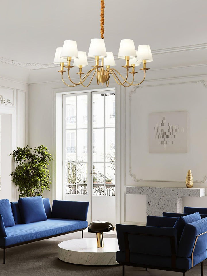 Modern Brass Chandelier with Tapered Fabric Shades