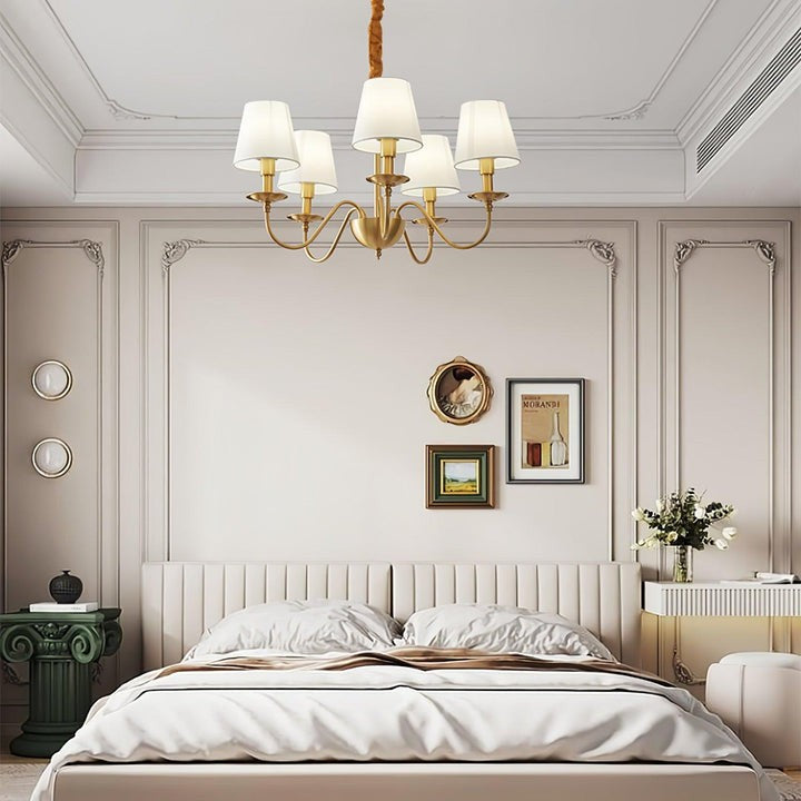 Modern Brass Chandelier with Tapered Fabric Shades