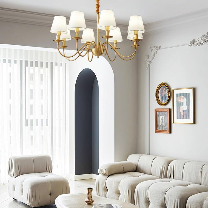 Modern Brass Chandelier with Tapered Fabric Shades