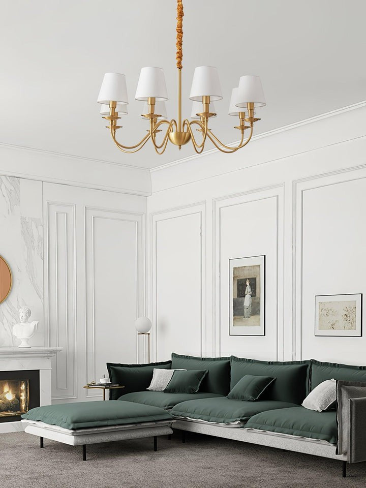 Modern Brass Chandelier with Tapered Fabric Shades