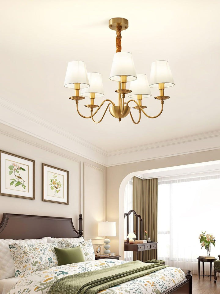 Modern Brass Chandelier with Tapered Fabric Shades