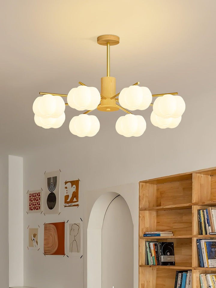 Modern Wooden Sphere Chandelier with Gold Accents