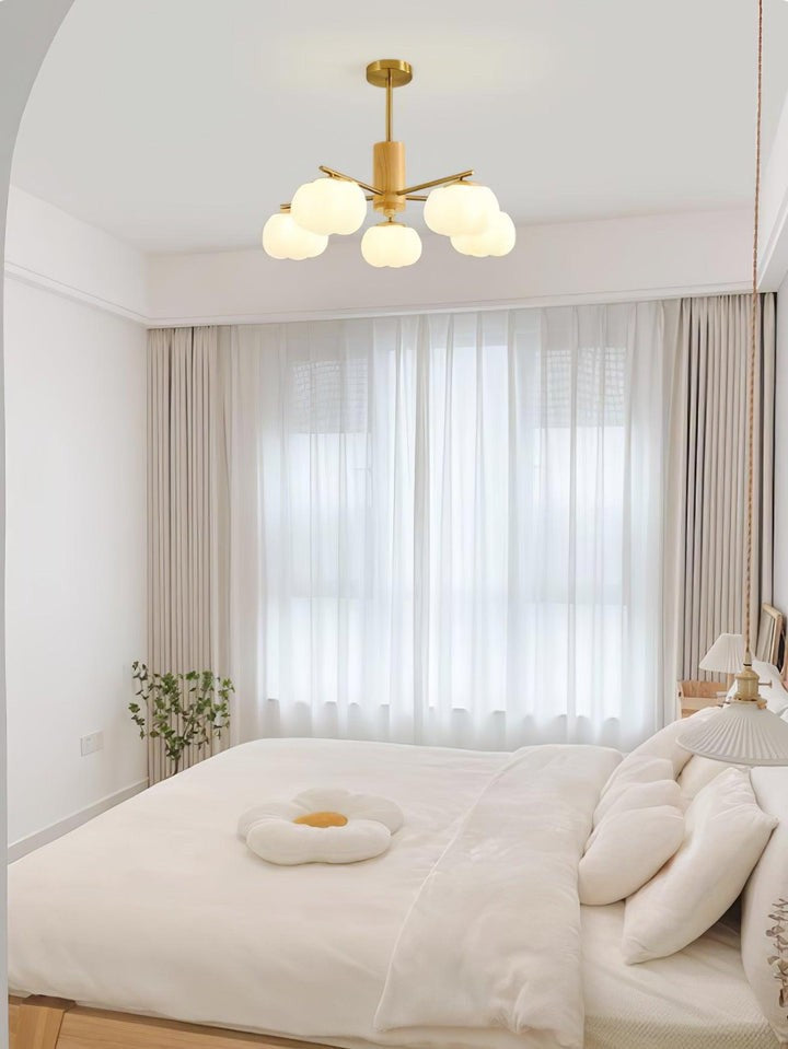 Modern Wooden Sphere Chandelier with Gold Accents