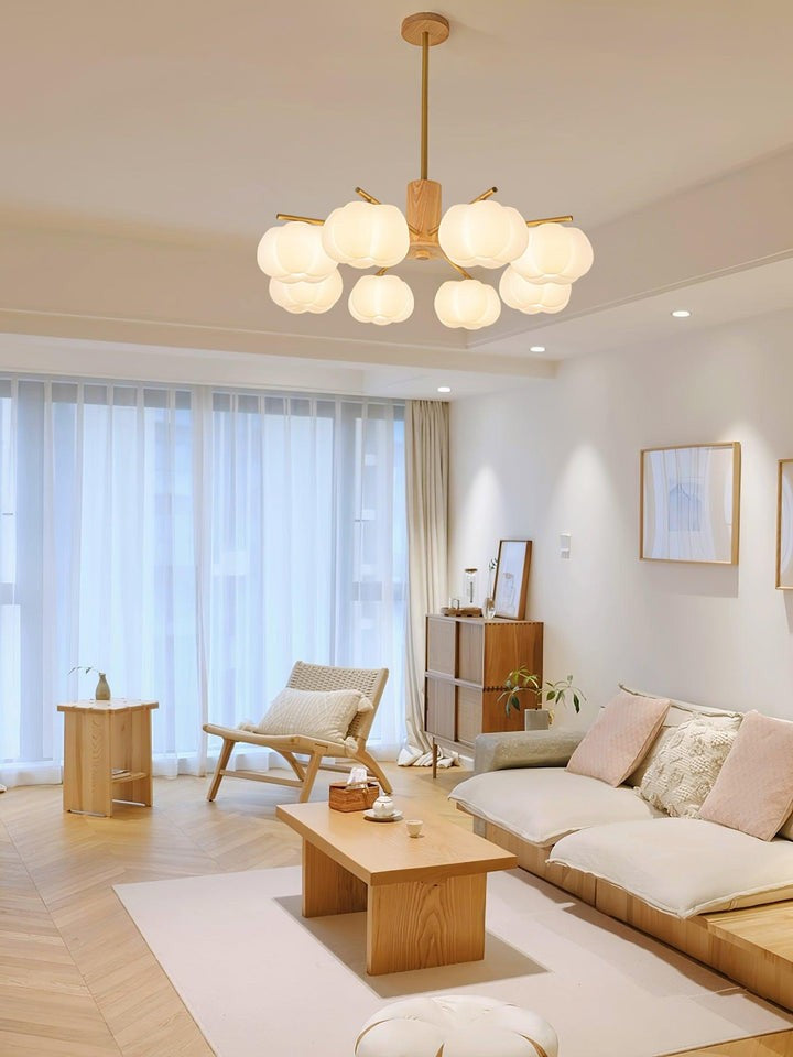 Modern Wooden Sphere Chandelier with Gold Accents
