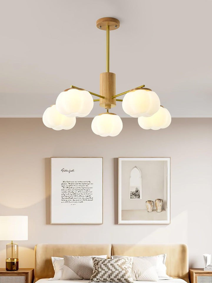 Modern Wooden Sphere Chandelier with Gold Accents