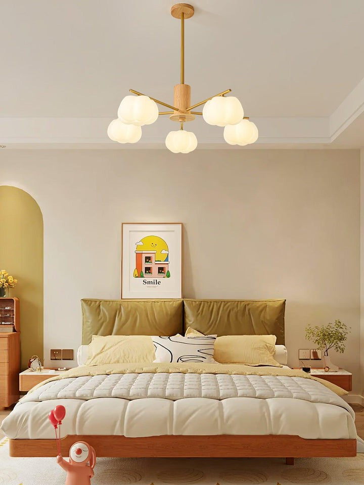 Modern Wooden Sphere Chandelier with Gold Accents