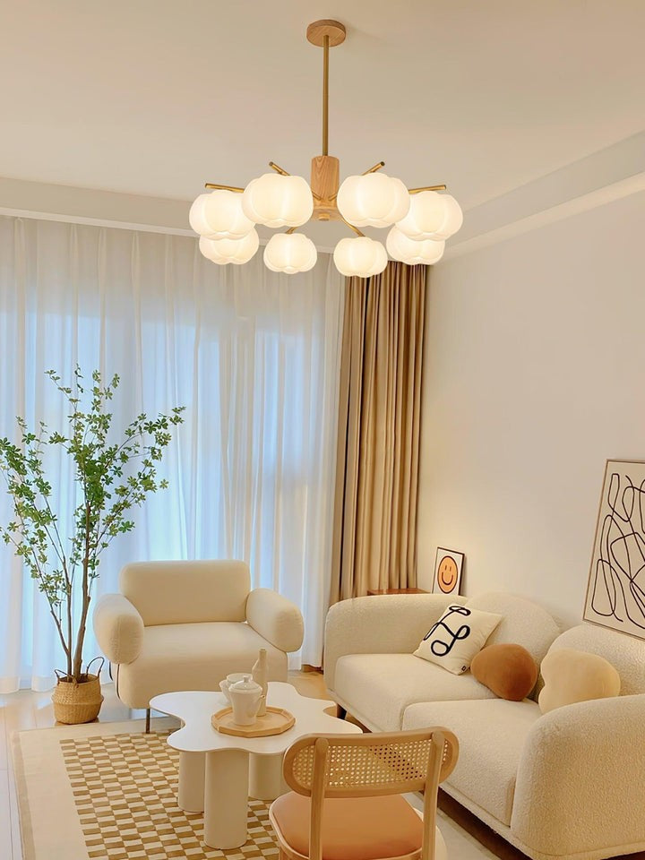 Modern Wooden Sphere Chandelier with Gold Accents