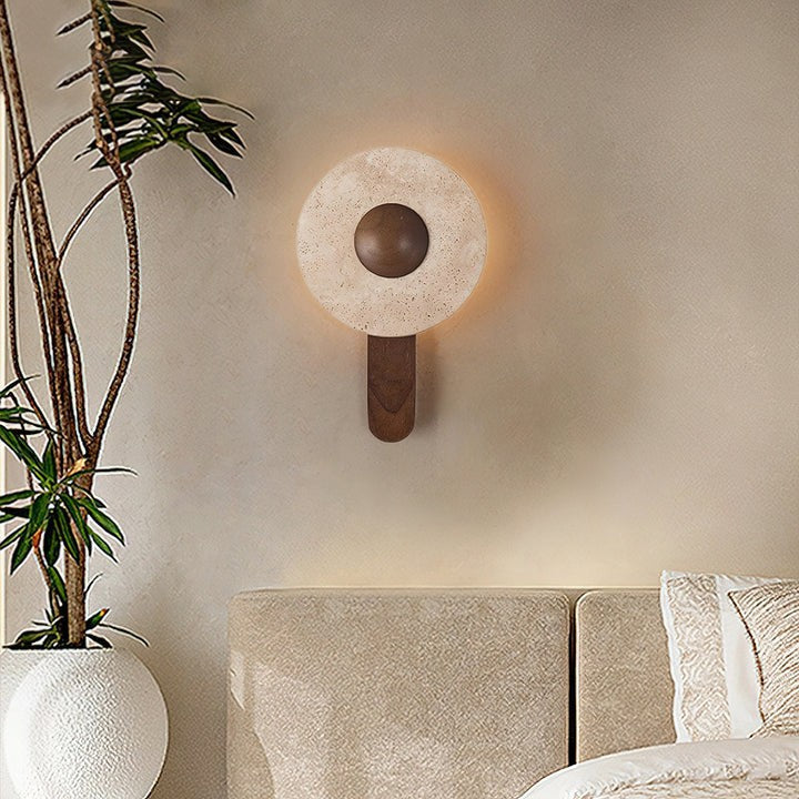 Moon Shaped Travertine & Wood Wall Sconce