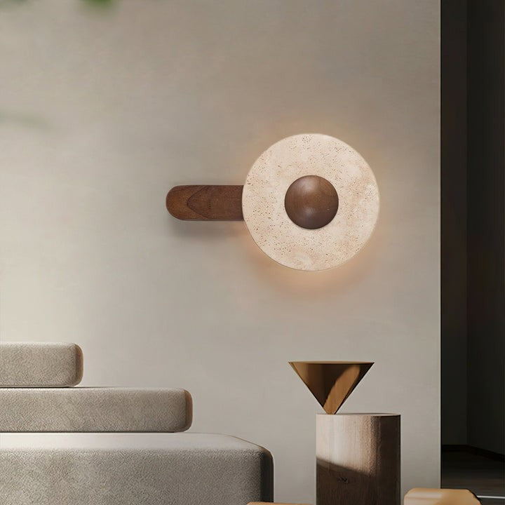 Moon Shaped Travertine & Wood Wall Sconce