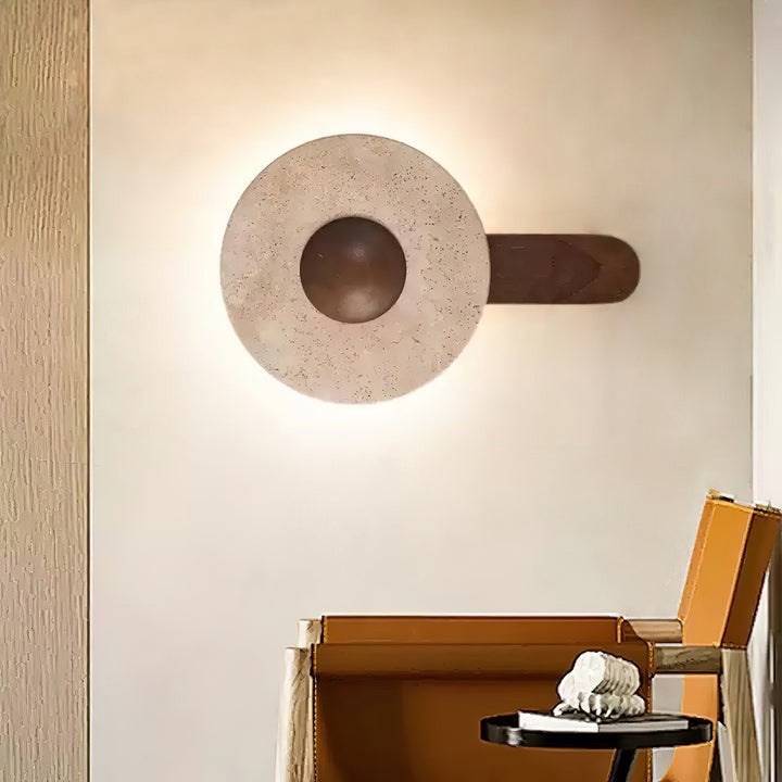Moon Shaped Travertine & Wood Wall Sconce