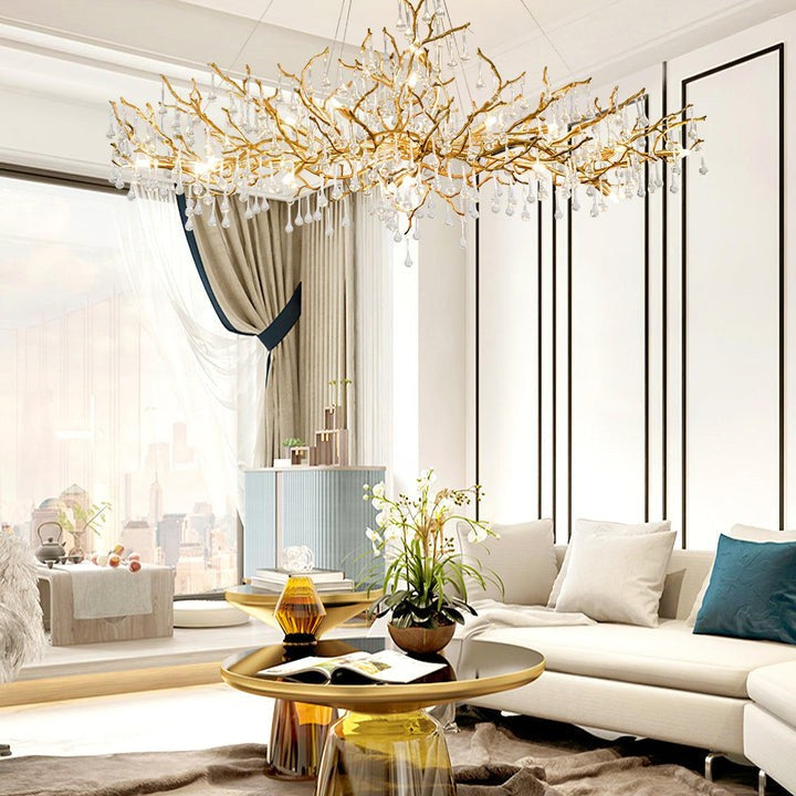 Natural Branch Brass & Crystal Chandelier – Modern Ceiling Light