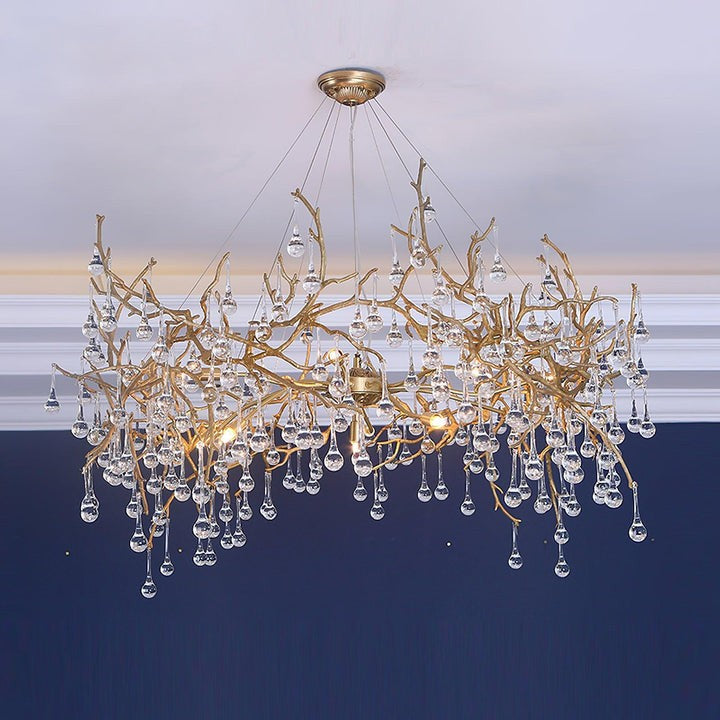 Natural Branch Brass & Crystal Chandelier – Modern Ceiling Light