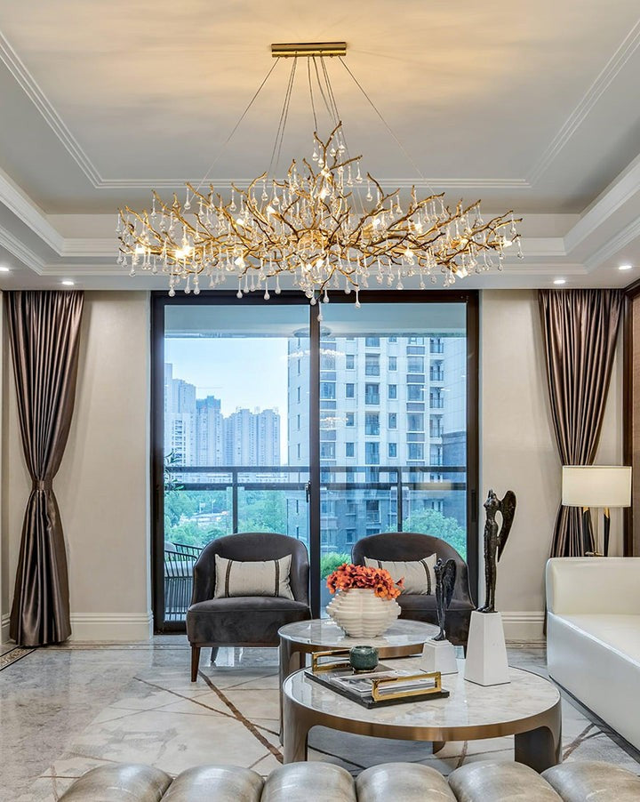 Natural Branch Brass & Crystal Chandelier – Modern Ceiling Light