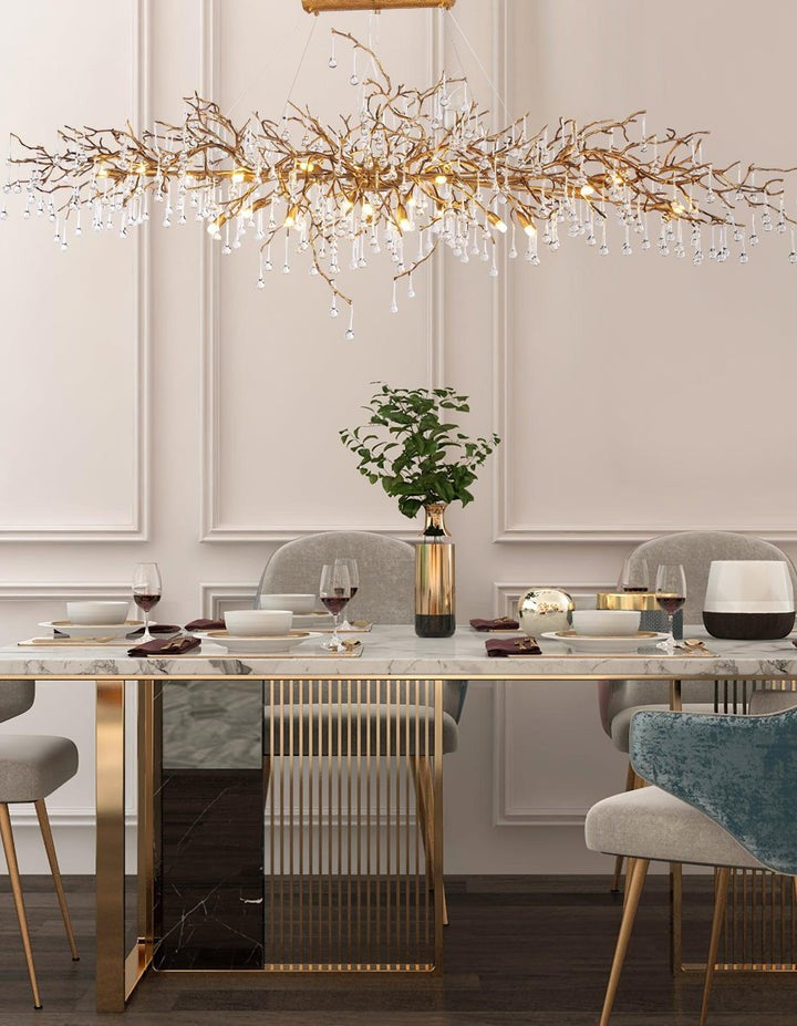 Natural Branch Brass & Crystal Chandelier – Modern Ceiling Light