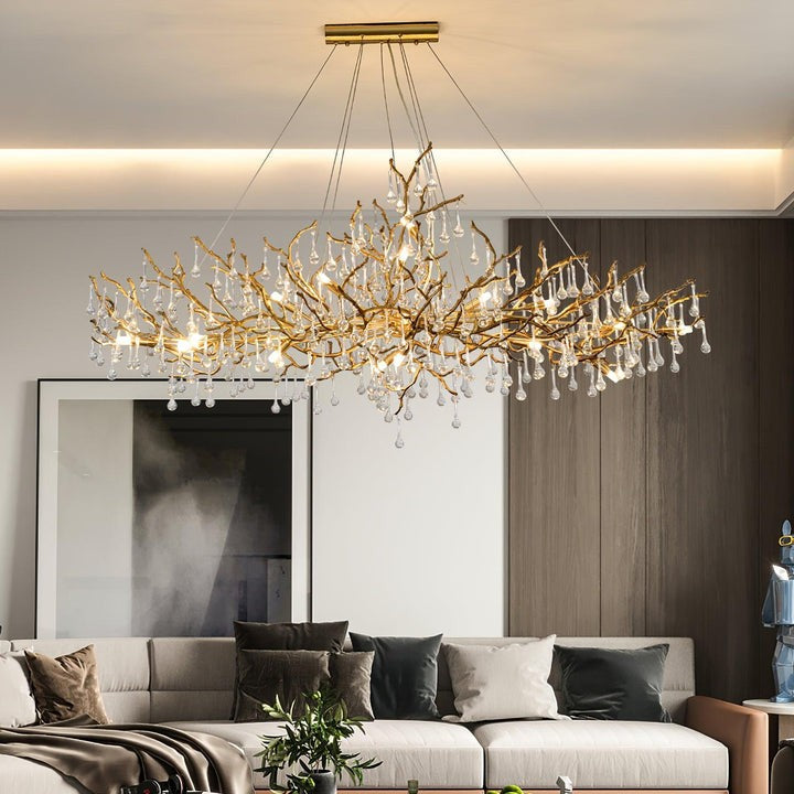 Natural Branch Brass & Crystal Chandelier – Modern Ceiling Light