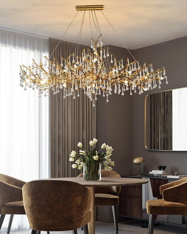 Natural Branch Brass & Crystal Chandelier – Modern Ceiling Light