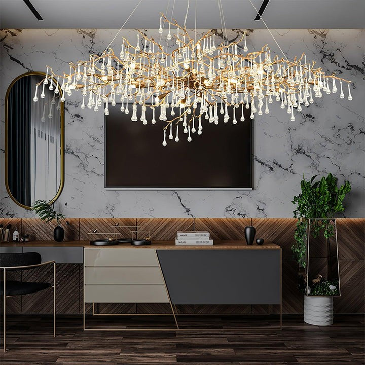 Natural Branch Brass & Crystal Chandelier – Modern Ceiling Light